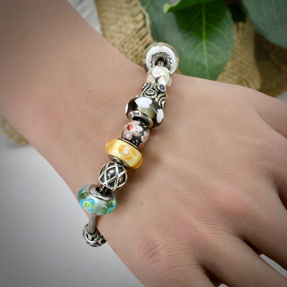 Auth PANDORA 14K Gold Clasp Moments Charm Bracelet With 13 Charms Murano
